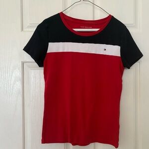 Tommy Hilfiger Red and Black Tee with White Accent size Medium